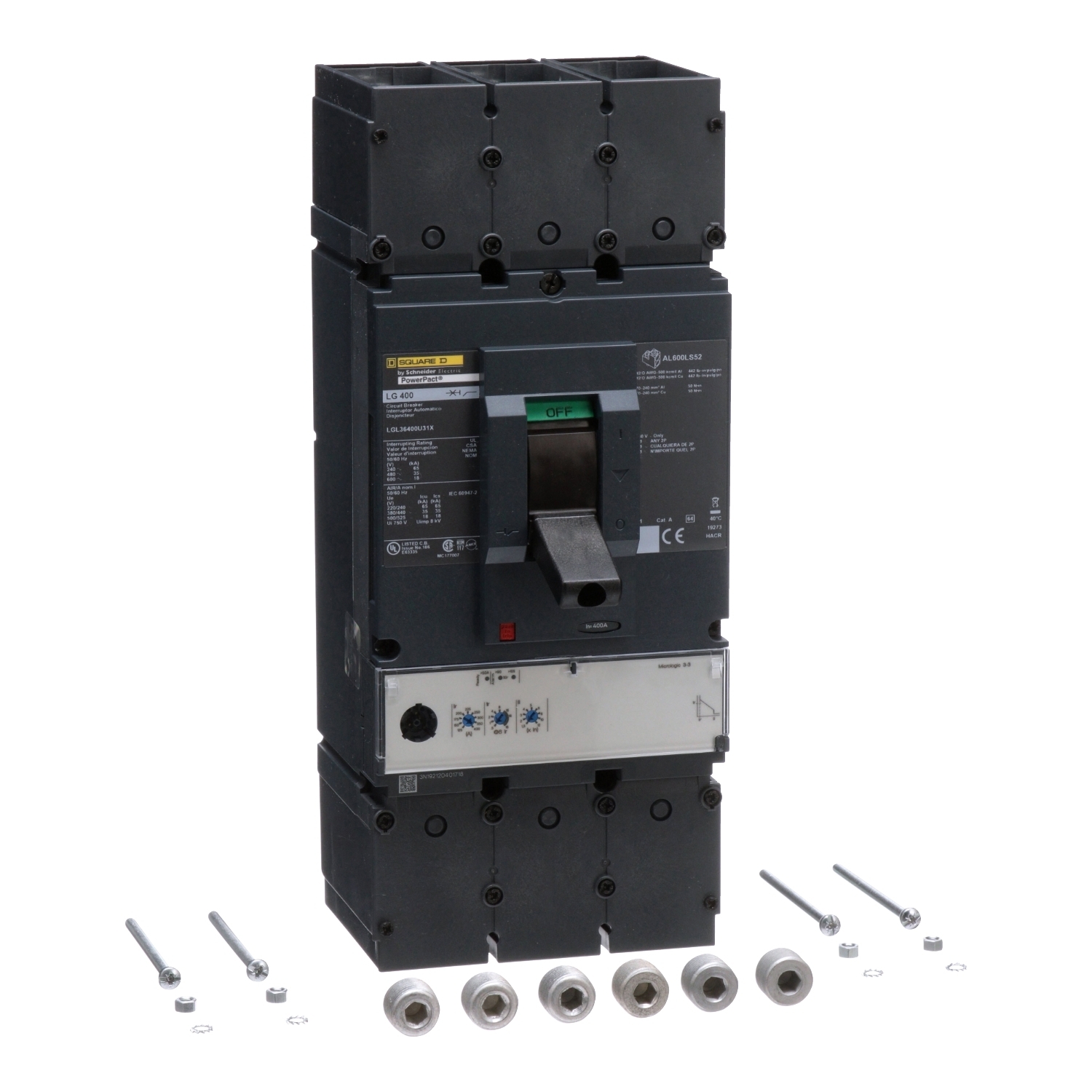LGL36400U31X PowerPact 80% Rated Molded Case Circuit Breaker, 600 V AC, 400 A, 18 kA at 600 V AC Interrupt, 3 Poles, Electronic Trip