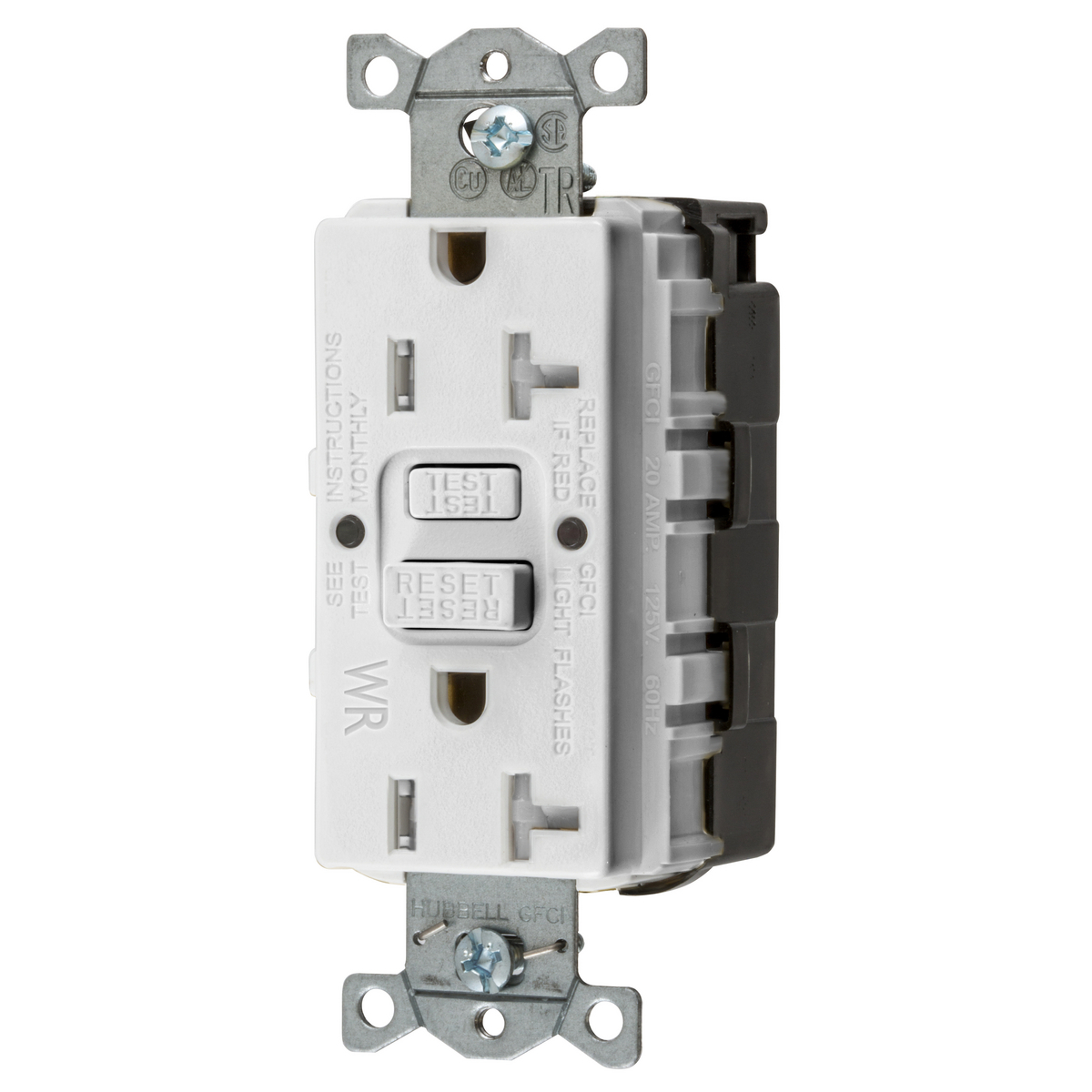 GFTWRST20SNAPW 1-Phase Decorator Duplex Standard Self-Test Tamper-Resistant Weather-Resistant Grounding Screw Mount GFCI Receptacle, 125 VAC, 20 A, 2 Poles, 3 Wires, White