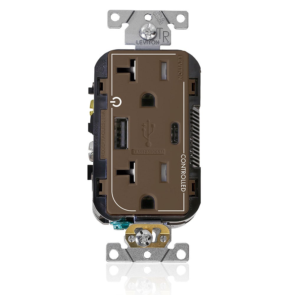 T5833-2B Controlled Combination Duplex Dual Marked Grounding Tamper-Resistant USB Receptacle, 125 V AC, 20 A, 1/2 hp, 2 Poles, 3 Wires, Brown