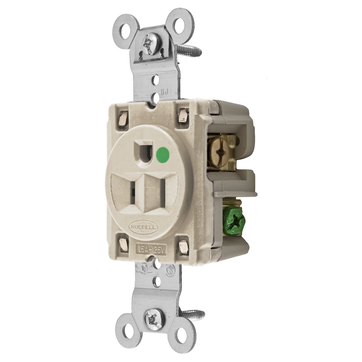 HBL8210LA 1-Phase Extra Heavy Duty Self-Grounding Single Standard Screw Mount Straight Blade Receptacle, 125 V AC, 15 A, 2 Poles, 3 Wires, Light Almond