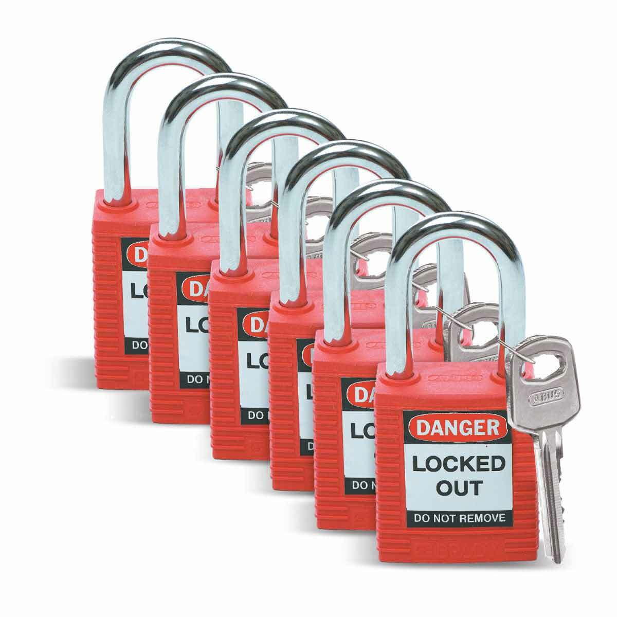 51339 Anti-Spark Compact Key Retaining Open Shackle Safety Padlock, Different Key, Red, Fiberglass Reinforced Nylon Body, 1/4 in Dia x 1-1/2 in H x 0.8 in W Triple Coated Hardened Steel Shackle, 1-3/4 in L Body, Non-Conductive Conductivity