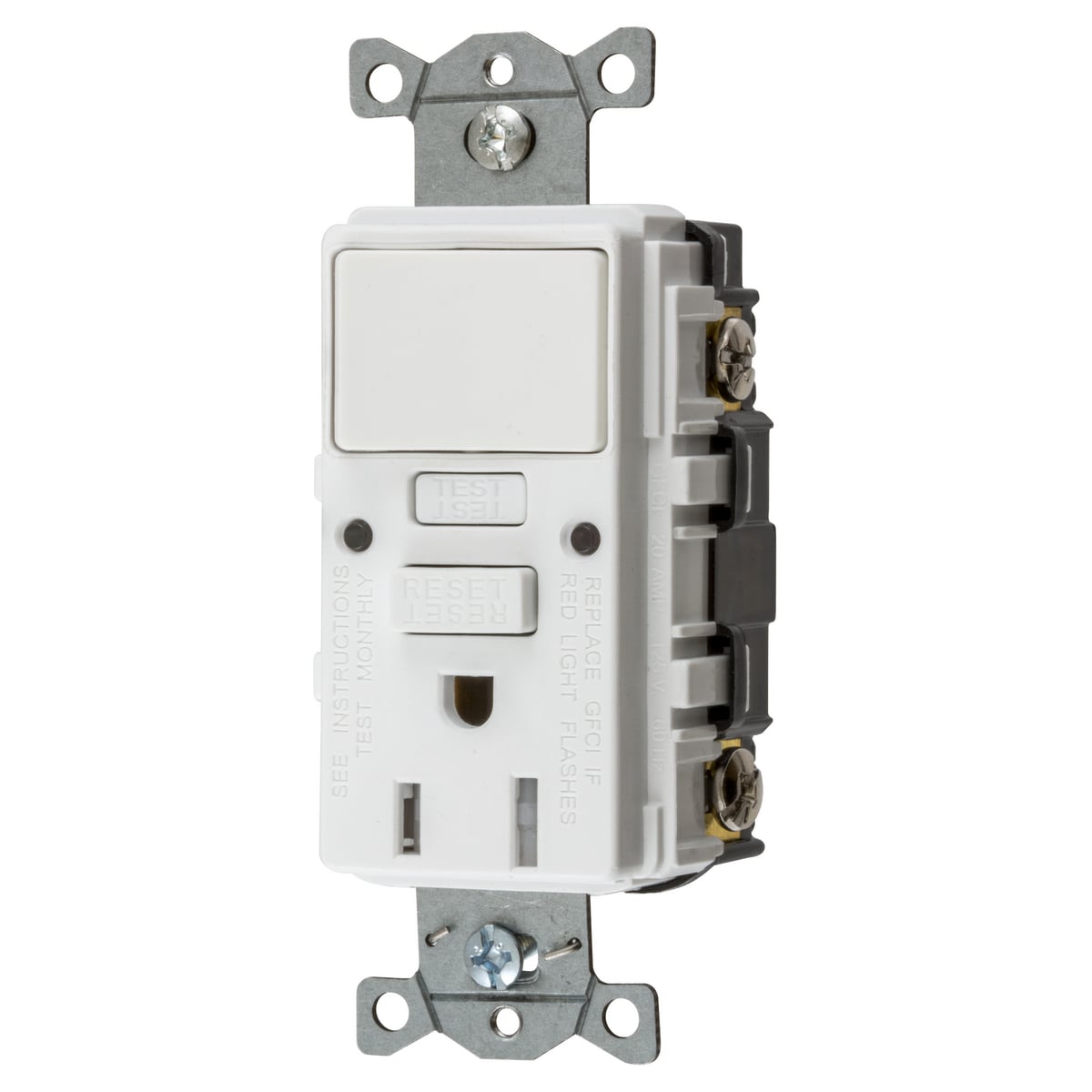 GFSPST15W 1-Phase Auto Grounding Duplex Heavy Duty Self-Test Tamper Resistant Standard Screw Mount GFCI Receptacle With 1-Pole Combination Switch, 125 V AC, 15 A, 2 Poles, 3 Wires, White