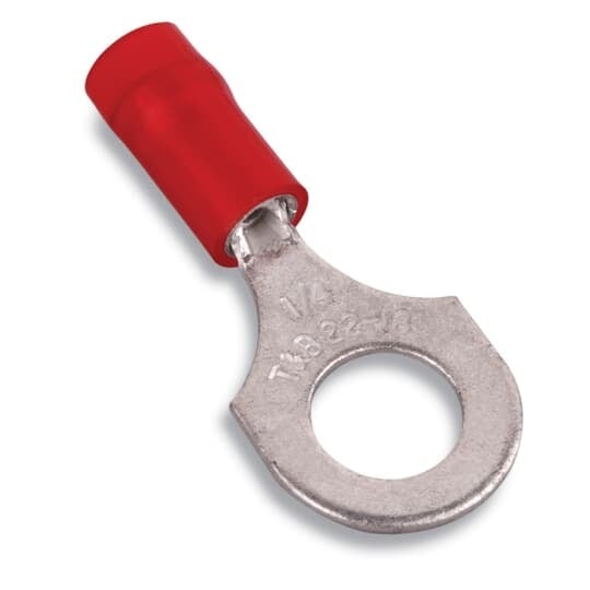 RA18-38 Sta-Kon RA Series Insulated Ring Terminal, 22 to 16 AWG Conductor, 1.2 in L, Insulation Grip Sleeve Barrel, Copper, Red