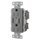 USB Charger Duplex Receptacle, 15A 125V,2-Pole 3-Wire Grounding, 5-15R, 2) 5A USB Ports, Gray