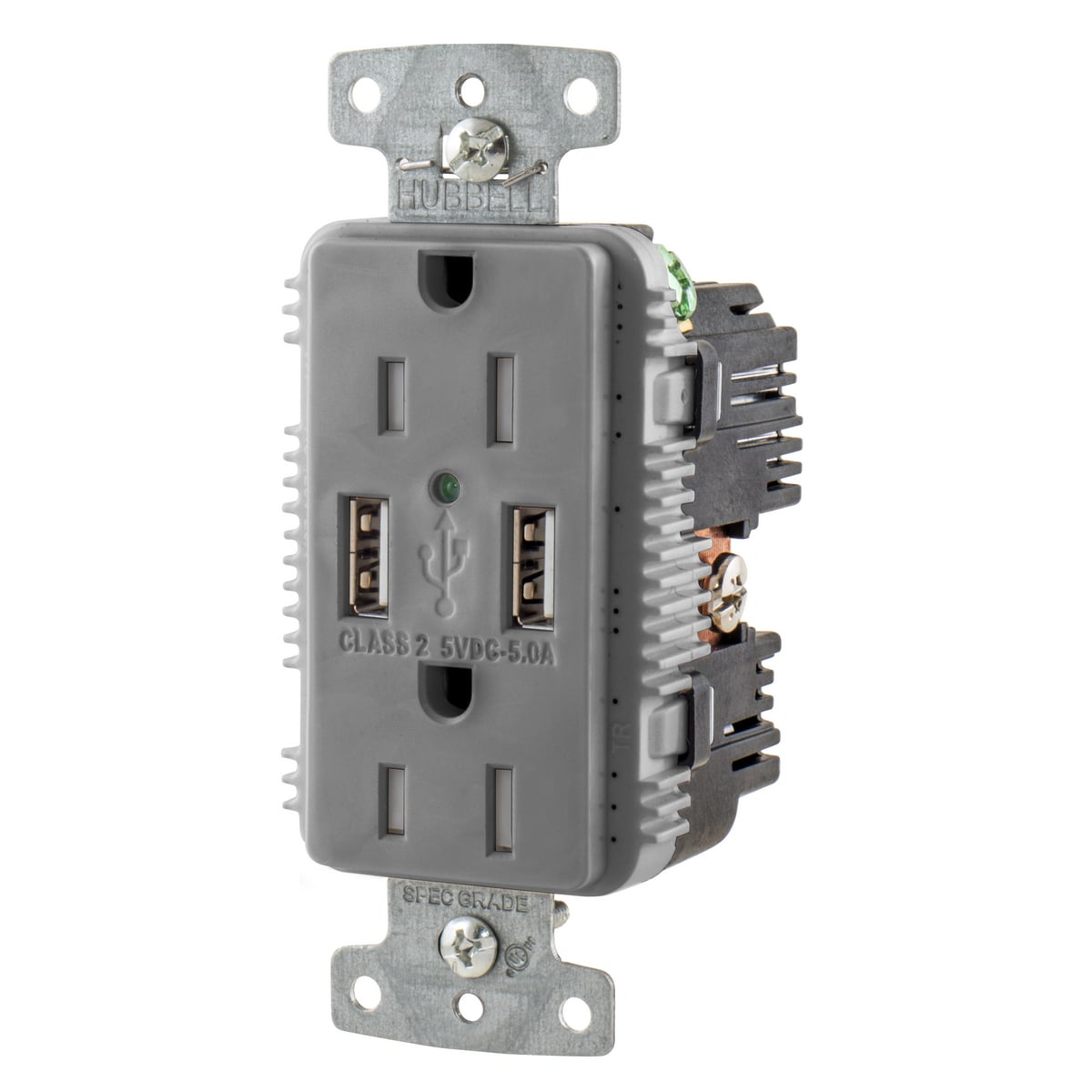 USB15A5GY Duplex Grounding Heavy Duty Tamper-Resistant Standard USB Charger Receptacle With Green LED, 125 V AC, 20 A, 1875 W, 1 Phase, 2 Poles, 3 Wires, Gray