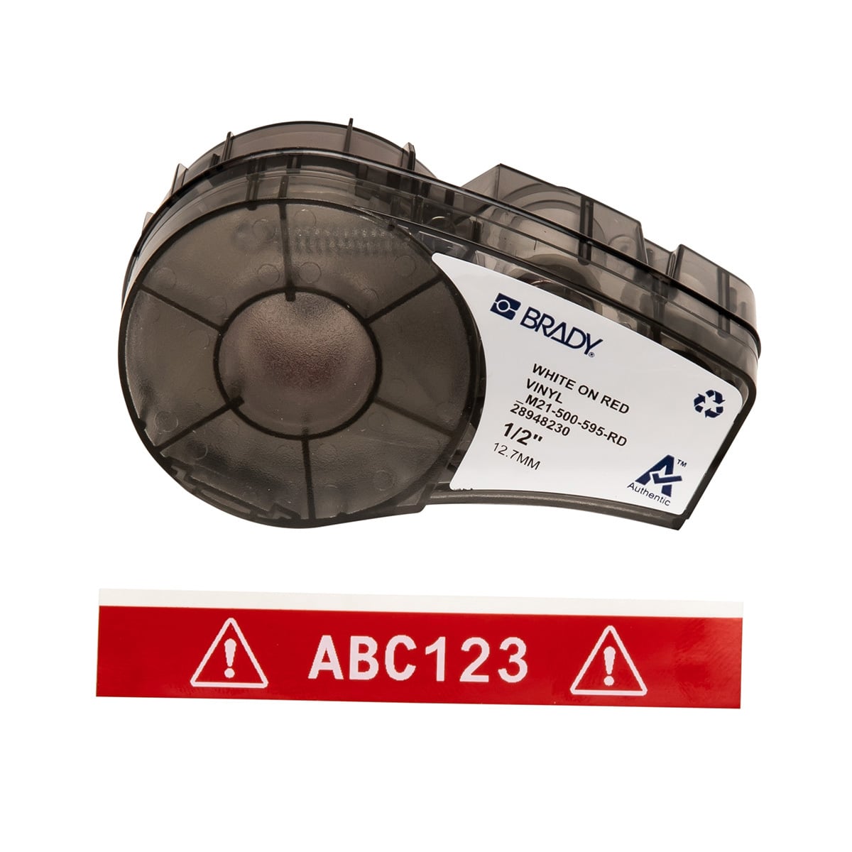 M21-500-595-RD BPM21 Label Marker Cartridge, 21 ft L x 1/2 in W, For Use With BMP 21 PLUS Portable Label Printers, IDPAL and LABPAL Handheld Label Maker, B-595 Vinyl, White on Red