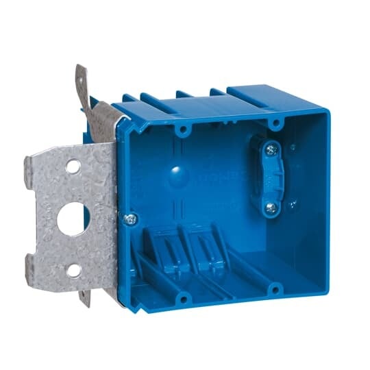B234ADJC Carlon Adjustable New Work Outlet Box With Large 220 VAC Knockout, Side Clamp, PVC, 34 cu-in Capacity, 2 Gangs, 4 Knockouts, 4 in L x 3-5/8 in W x 3 in D