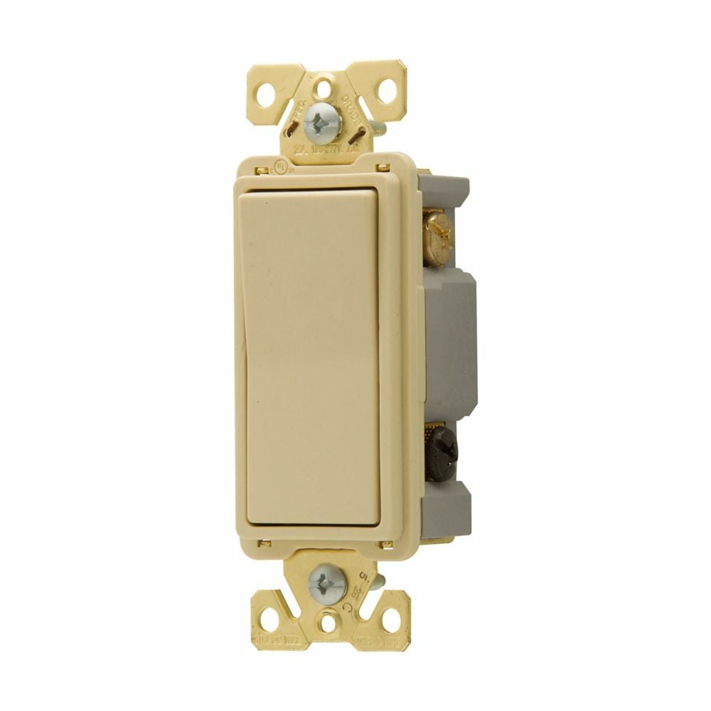 Eaton commercial grade decorator switch, Box, #14-10 AWG, 20A, Flush, 120/277V, Back/push, Antimicrobial paddle, Maintained, Ivory, Motor Control, Fan, LED, Incand, ELV,MLV,CFL, Florscnt, Halogen, Three-way, Thermoplastic 647383