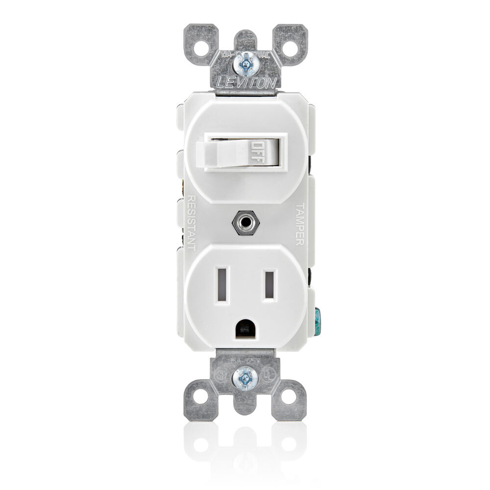 T5225-W Duplex Combination Switch and Receptacle, 15 A, 120/277 VAC, 1 Poles, 14 to 12 AWG Wire