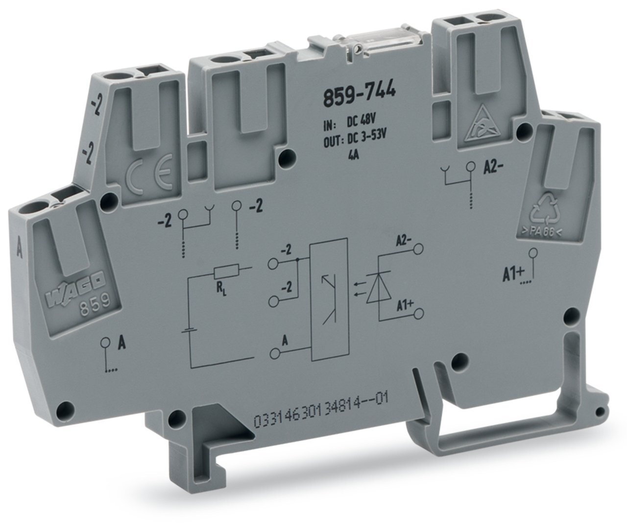 Optocoupler module; Nominal input voltage: 12  48 VDC; Output voltage range: 10  53 VDC; Limiting continuous current: 4 A; 2-wire connection; Module width: 6 mm; gray