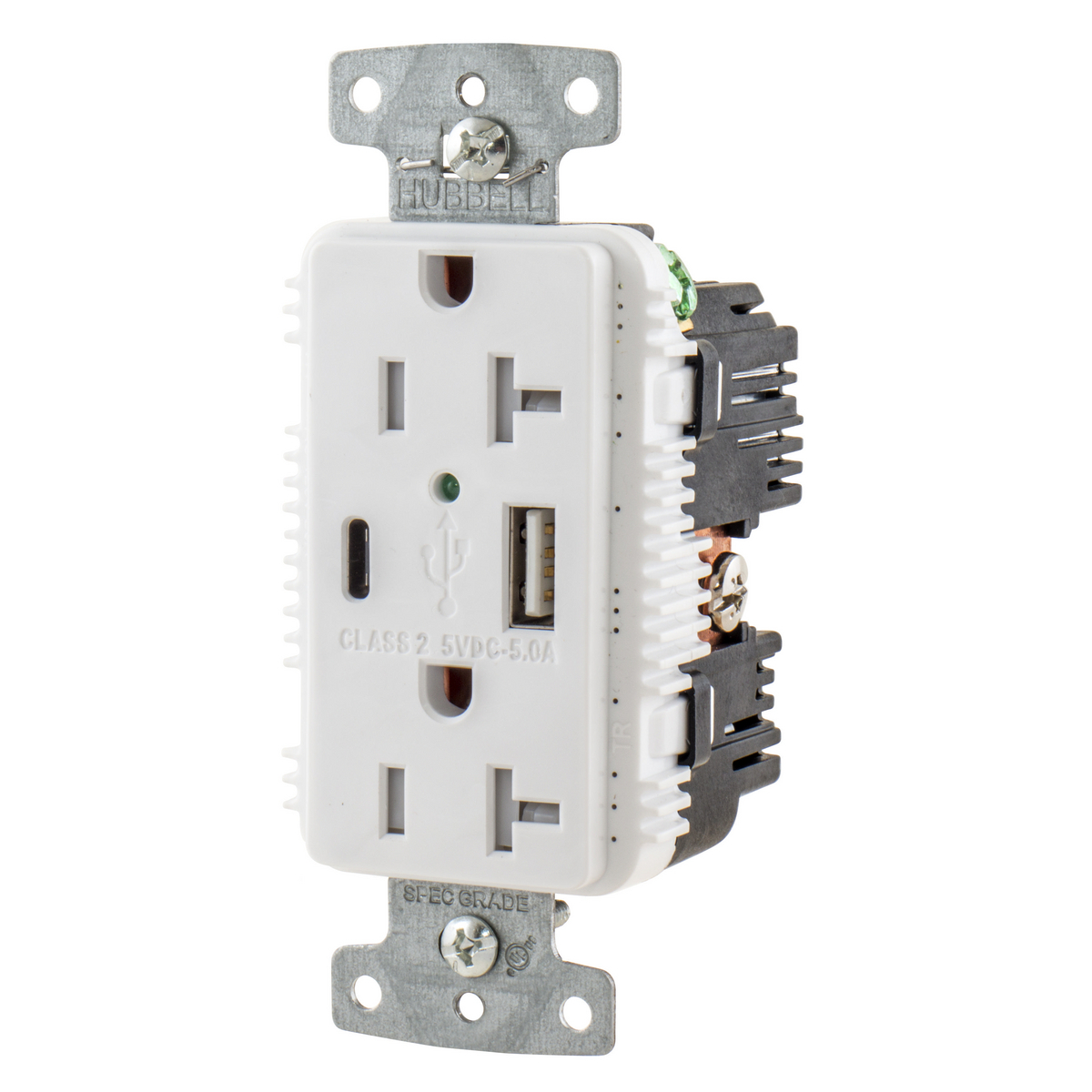 USB20AC5W Duplex Grounding Standard Tamper-Resistant USB Charger Receptacle With Green LED, 125 V AC, 20 A, 2500 W, 1 Phase, 2 Poles, 3 Wires, White
