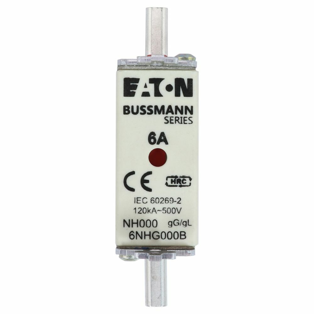 6NHG000B Size 000 Dual Indicator Low Voltage NH Fuse Link, 500 V, 6 A, For Use With NH Series Photovoltaic Fuse, Class C gG/gL Fuse, Ceramic