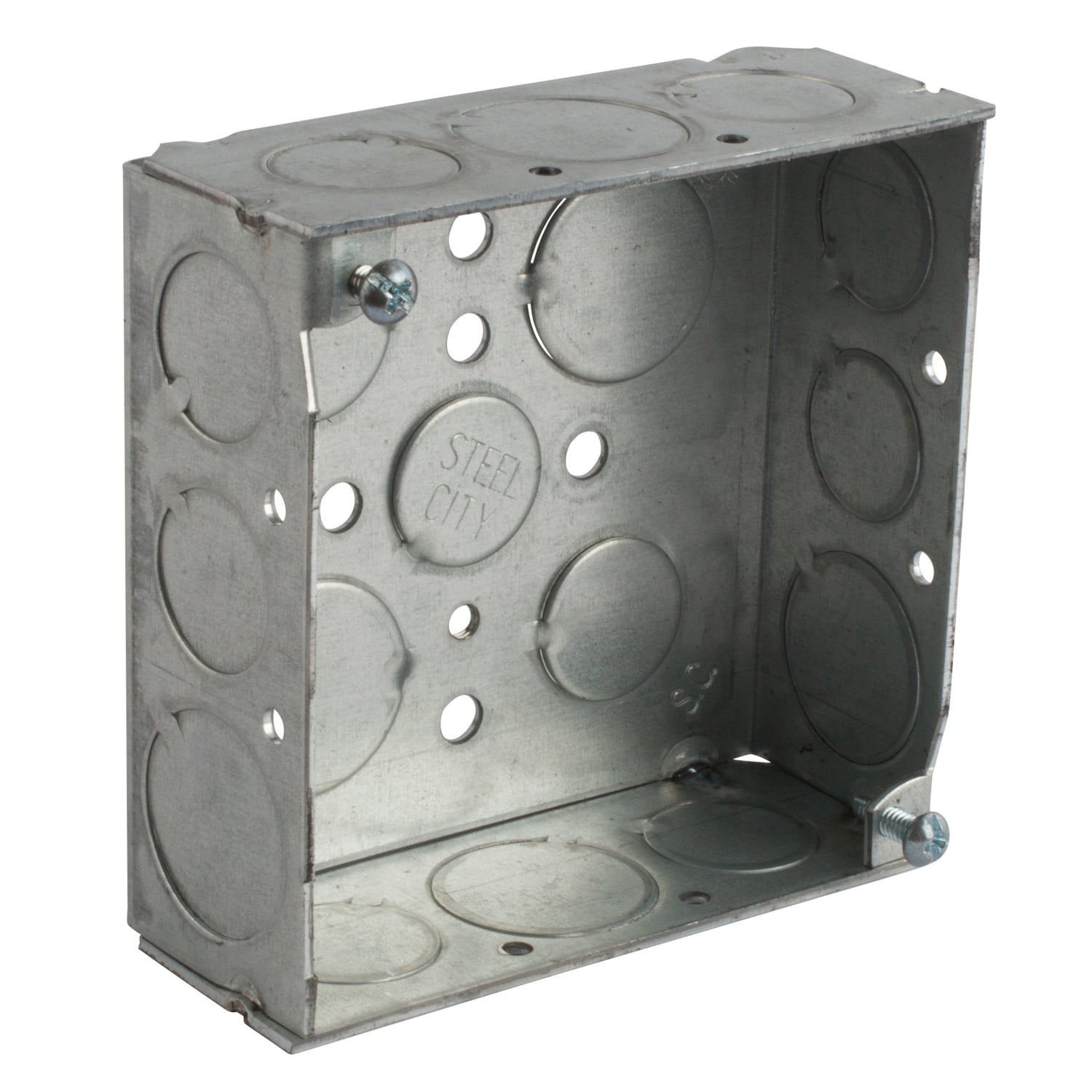 4-SW-SPL Steel City Outlet Box, Steel, 21 cu-in Capacity, (1) Outlets, (17) Knockouts, 4 in H x 4 in W x 1-1/2 in D