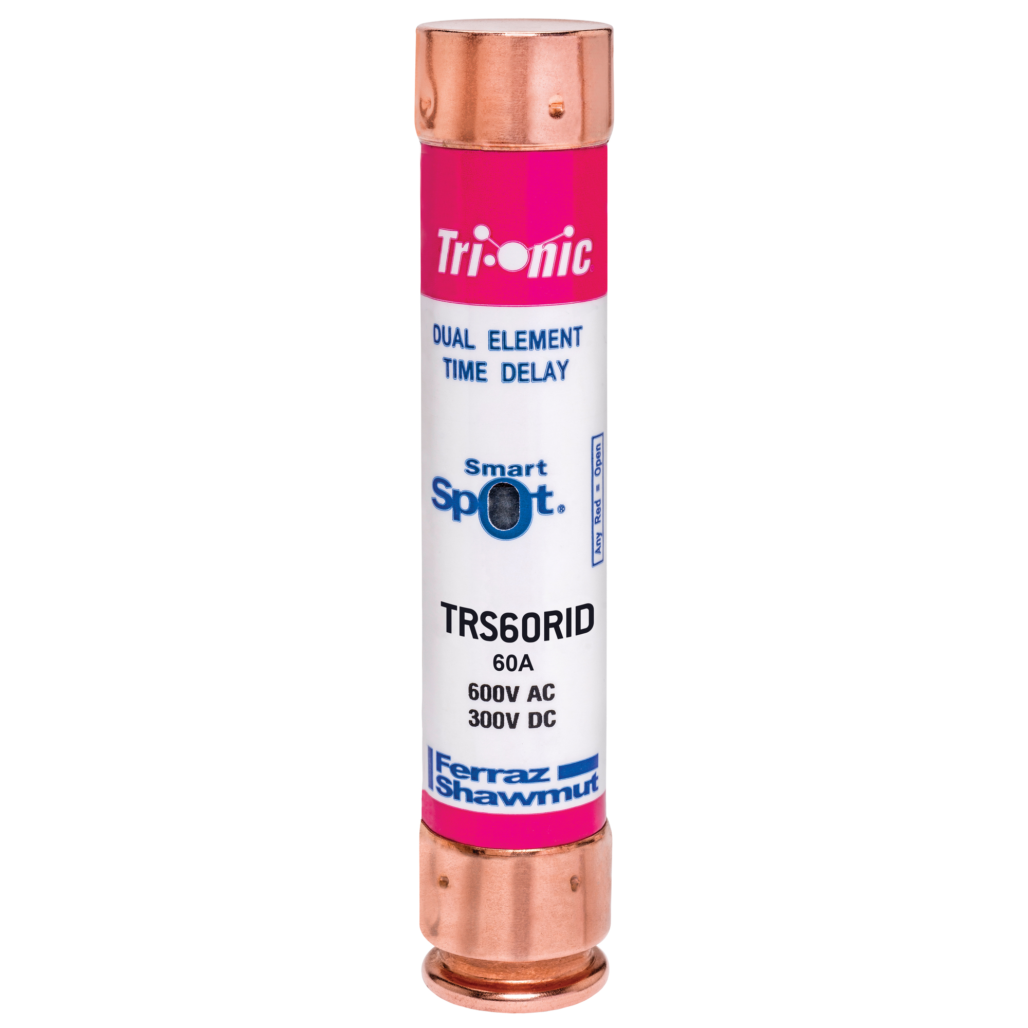TRS60RID Tri-Onic Current Limiting Low Voltage Time Delay Fuse, 60 A, 600 V AC/300 V DC, 200/20 kA Interrupt, RK5 Class, Cylindrical Body