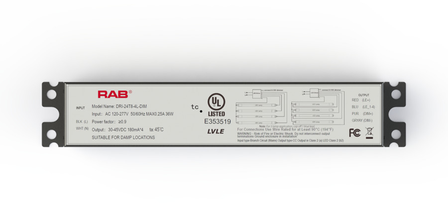 DRI-36/48T8-4L-DIM Type C LED Driver, 120 to 277 V AC Input, 30 to 45 V Output, 52 W Power Rating, 9-1/2 in L x 1-11/16 in W