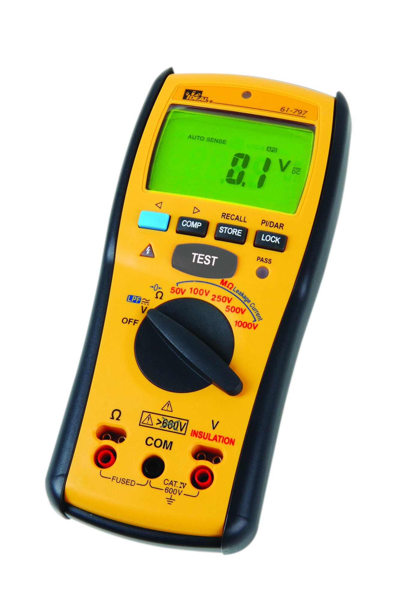 IDEAL, Insulation Meter, Earth-Bond Resistance: 01 to 400k OHM, Model: 797, Voltage Rating: 0.1 - 600V AC/DC, Continuity: 1 - 20 OHM, Warranty: 2 year