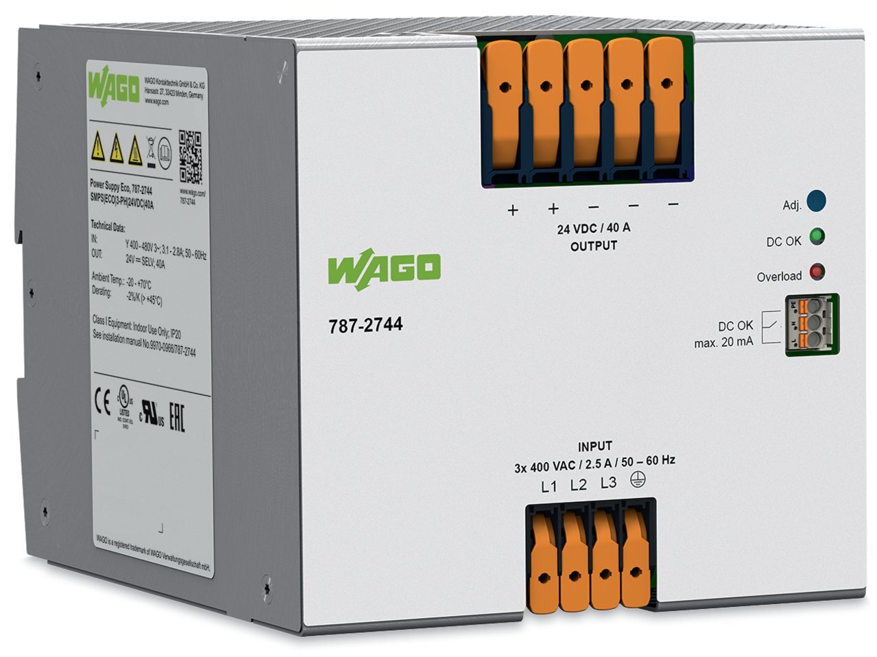 787-2744 Switched-mode Power Supply, 400 to 480 V Input, 24 V DC Output, 960 W Power Rating, 2.5 A, DIN Rail Mounting