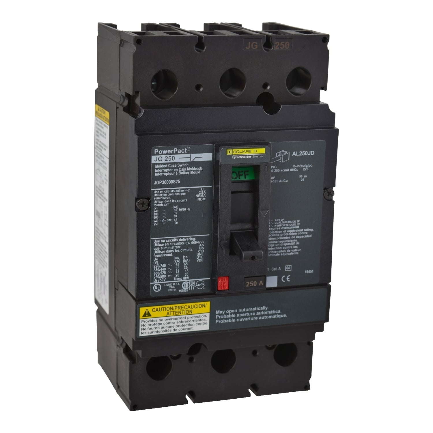 JGP36000S25 PowerPact Automatic Molded Case Switc, 600 V AC, 250 A, 65 kA at 240 V AC/35 kA at 480 V AC/18 kA at 600 V AC/20 kA at 250/500 VDC Interrupt, 3 Poles, Thermal Magnetic Trip