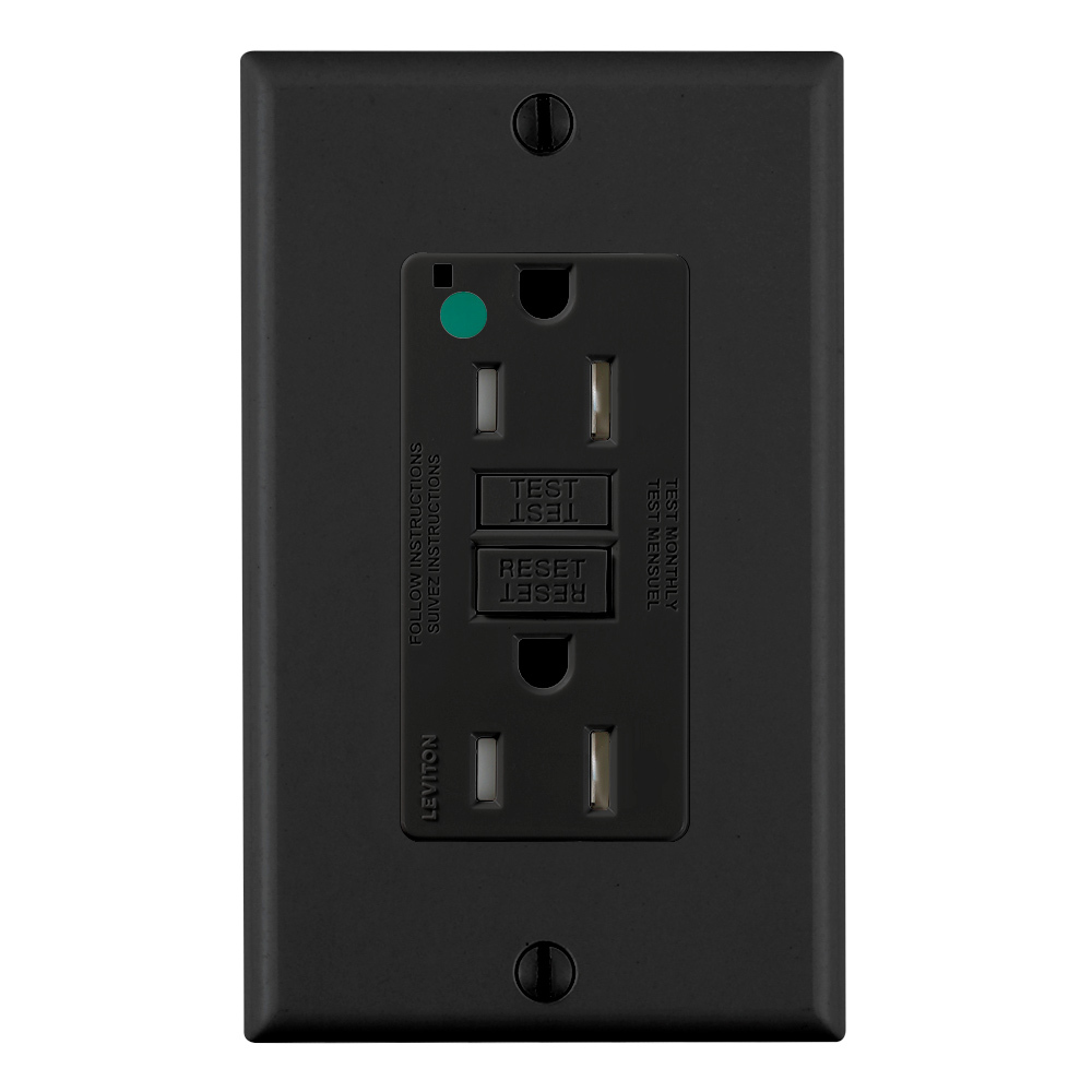 GFTR1-HGE SmartlockPro Slim Duplex Feed Through Self-Test Tamper Resistant GFCI Receptacle With LED Indicator, 125 V AC, 15 A, 2 Poles, 3 Wires, Black