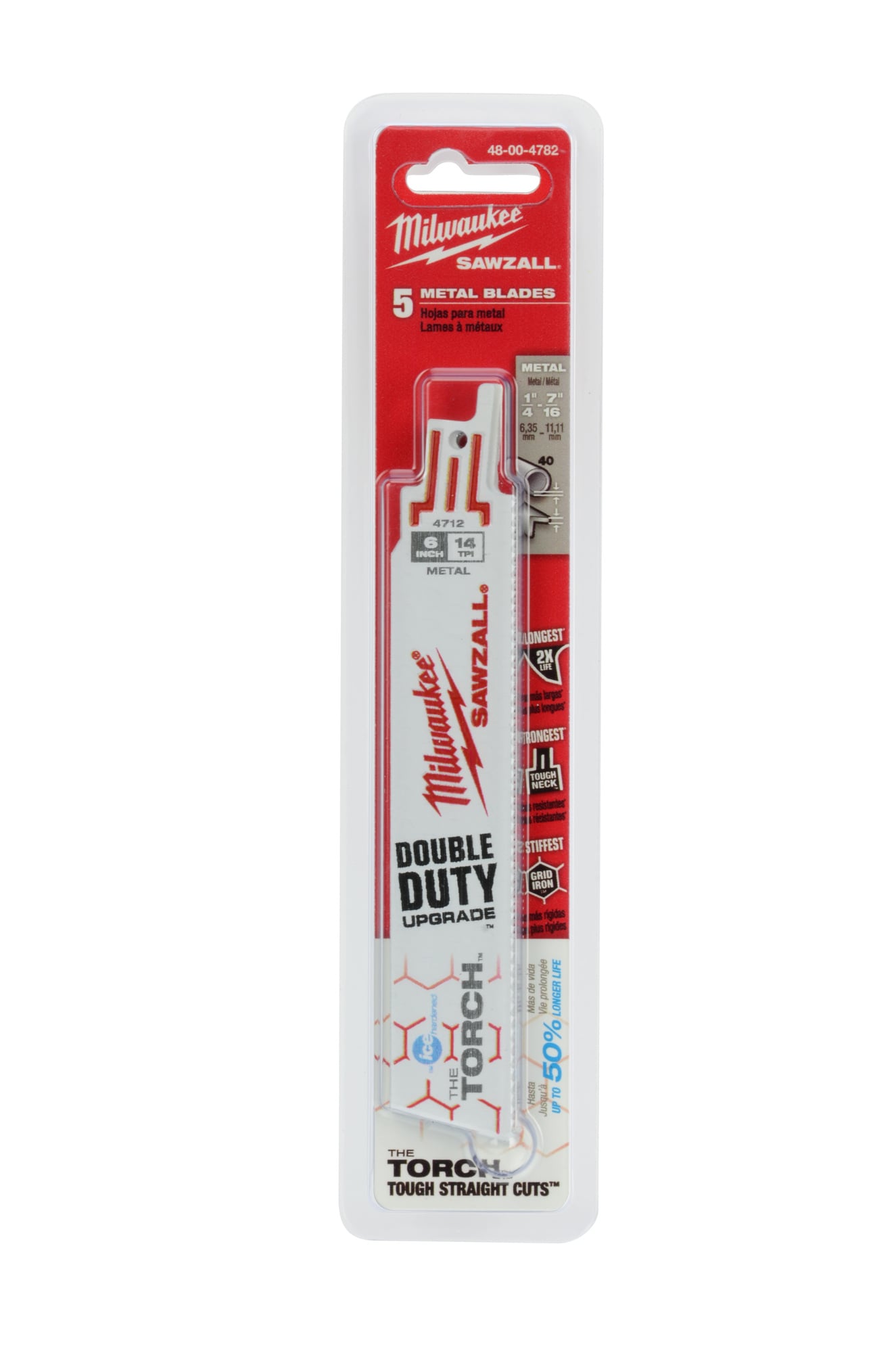 48-00-4782 Sawzall The Torch Ice Hardened Double Duty Straight Back Reciprocating Saw Blade, 6 in L x 1 in W, 14 TPI, Bi-Metal Body, Universal/Toothed Edge Tang