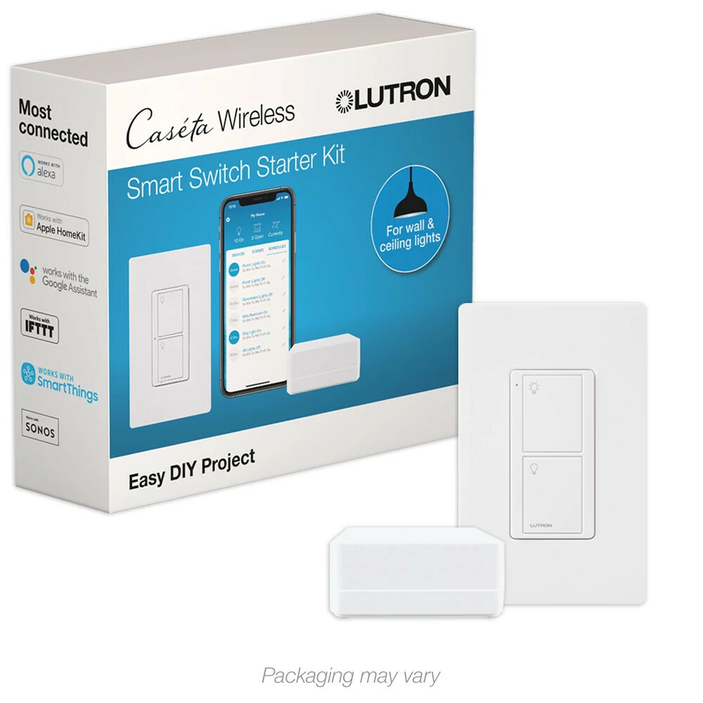 P-BDG-PKG1WS Caseta Smart Switch Starter Kit with Smart Hub, Original 6 Amp In-Wall Switch, and Wall Plate, Neutral Wire Required, White