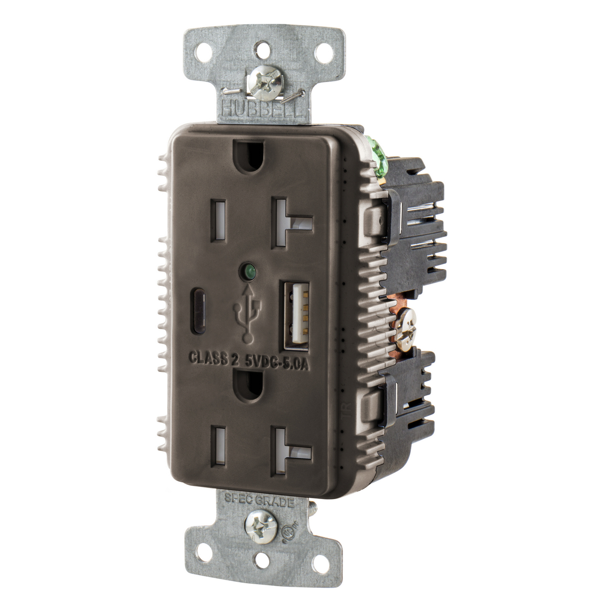 USB20AC5 Duplex Grounding Tamper-Resistant Standard USB Charger Receptacle With Green LED, 125 V AC, 20 A, 2500 W, 1 Phase, 2 Poles, 3 Wires, Brown