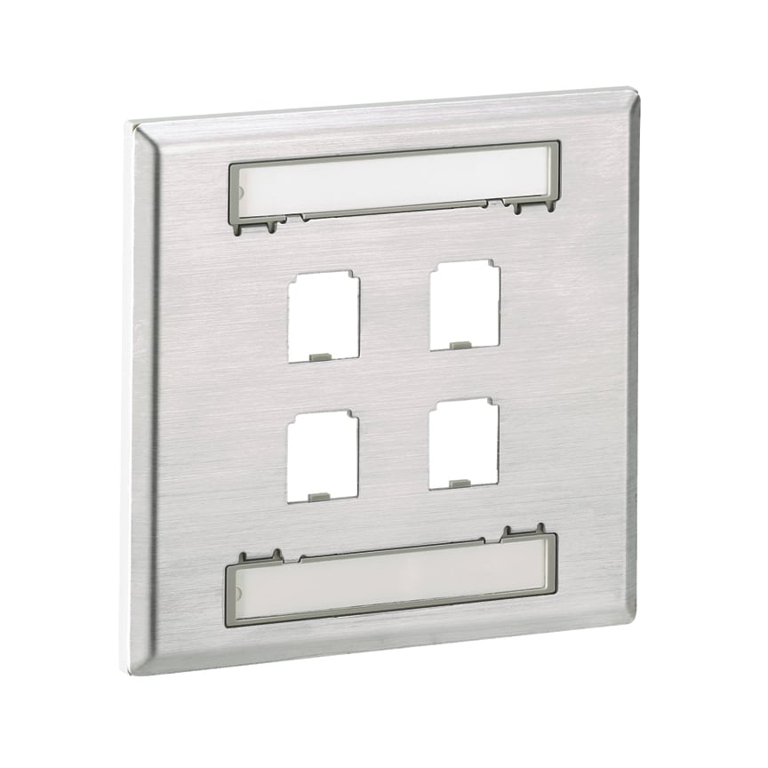 CFPL4S-2GY Mini-Com PanNet Flat Vertical Faceplate, 2 Gangs, 4 Ports, Mini-Com Module, Fastened Mount, Stainless Steel