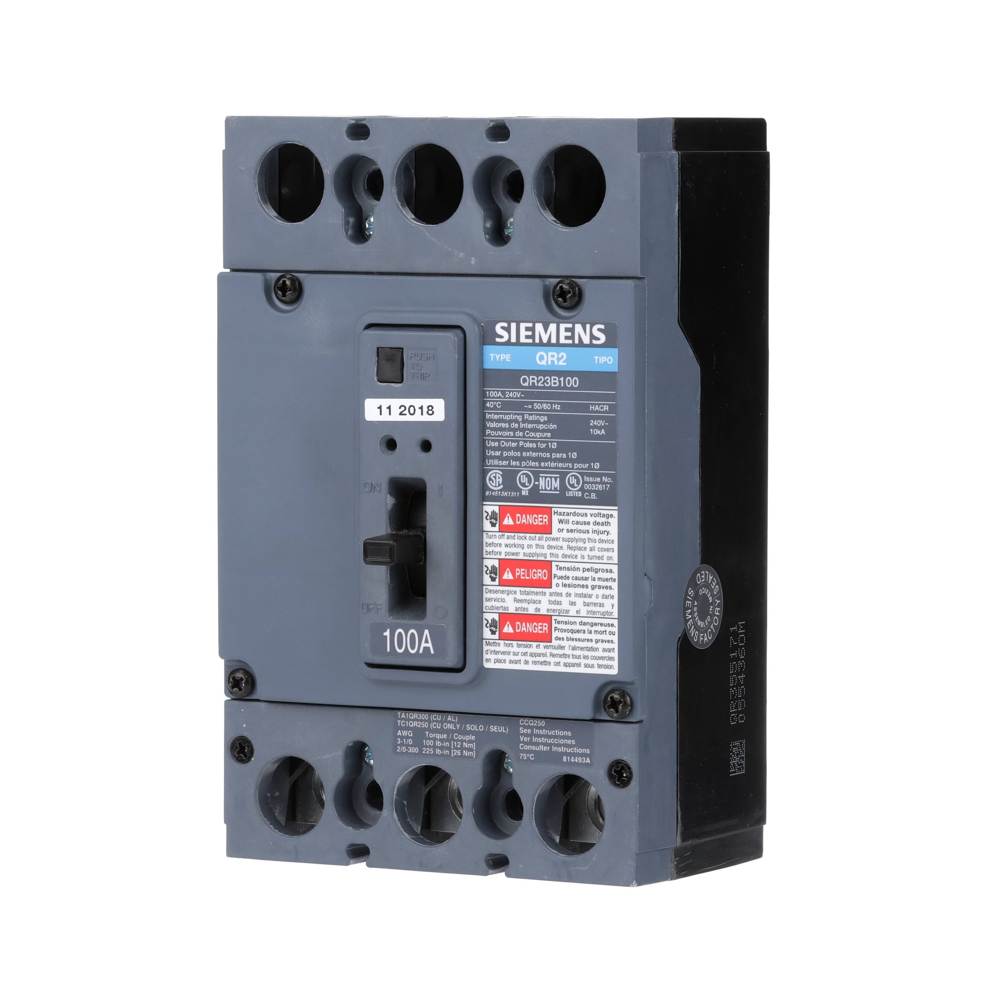 HQR23B200 SpeedFax Low Voltage Molded Case Circuit Breaker, 240 V AC, 200 A, 65 kA Interrupt, 3 Poles, Thermal Magnetic Trip