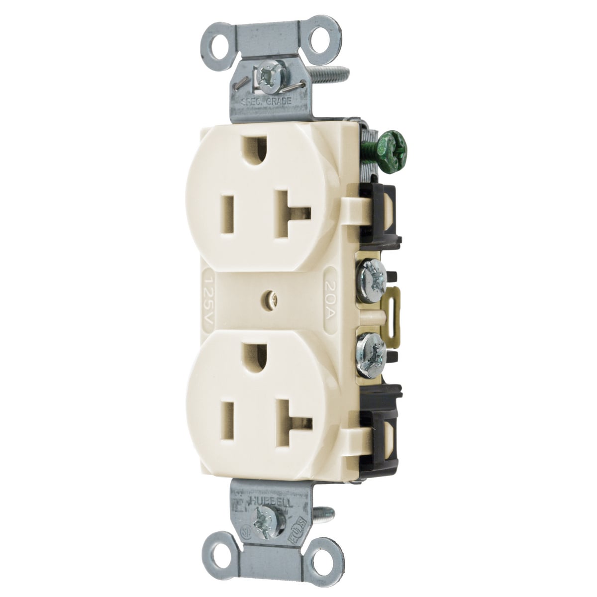 BR20LA 1-Phase Duplex Standard Traditional Screw Mount Straight Blade Receptacle, 125 V AC, 20 A, 2 Poles, 3 Wires, Light Almond