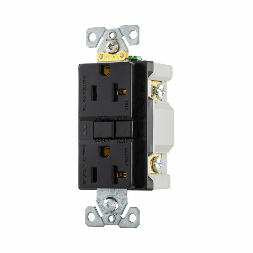 Eaton GFCI receptacle,Self-test,#14 - 10 AWG,20A,Residential,Commercial,Flush,125 V,GFCI,Back and side wire,Black,Brass,Receptacle,Polycarbonate,5-20R,Two-pole, three-wire, grounding