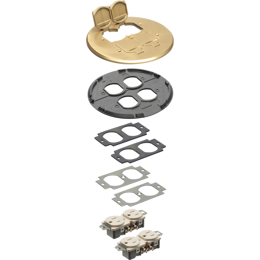 Trim kit for Arlington's FLB5548 drop in box, Includes cover, gasket and receptacle. Metallic Brass.