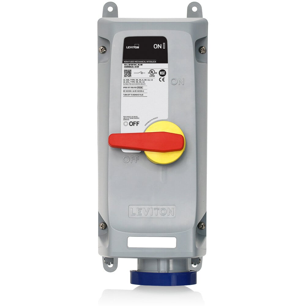 460MI9WLEV Non-Fused Watertight Pin and Sleeve Mechanical Interlock, 240 V AC, 60 A, 3 Poles, 4 Wires