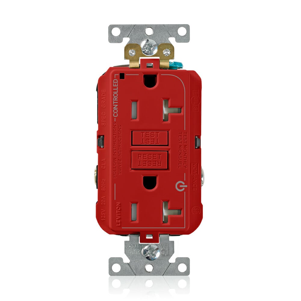G5362-2TR SmartlockPro 2-Plug Controlled Dual Marked Duplex Extra Heavy Duty Self-Test Self-Grounding Tamper-Resistant GFCI Receptacle, 125 V AC, 20 A, 2 Poles, 3 Wires, Red