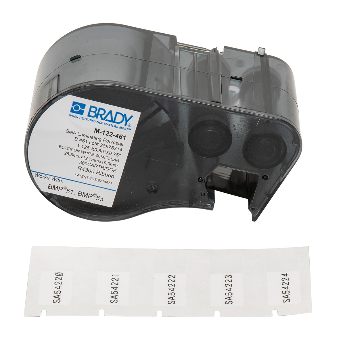 M-122-461 M Series Low Profile Rectangular Label Marker Cartridge, 1/2 in L x 1-1/8 in W, For Use With BMP 51 and BMP 53 Label Maker, B-461 Polyester, Black on Clear/White