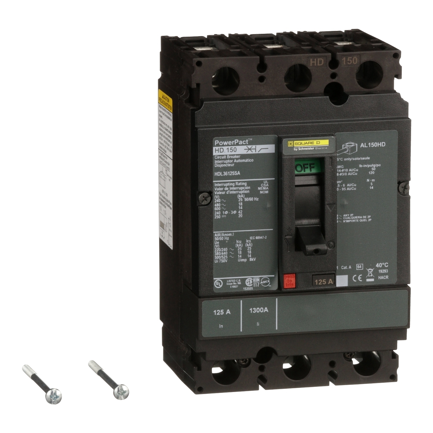 HDL36125SA I-Line PowerPact 80% Rated Type HDA Molded Case Circuit Breaker, 600 V AC/250 V DC, 125 A, 18 kA at 480 VAC/25 kA at 240 VAC/14 kA at 600 VAC/20 kA at 250 VDC/250 VDC/600 VAC Interrupt, 3 Poles, Thermal Magnetic Trip
