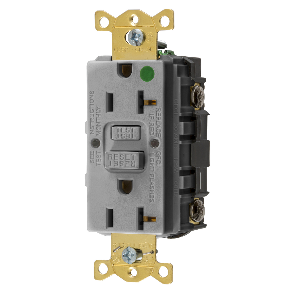 GFRST83GYU Self-Test Straight Blade Standard GFCI Receptacle, 125 V AC, 20 A, 2 Poles, 3 Wires, Gray