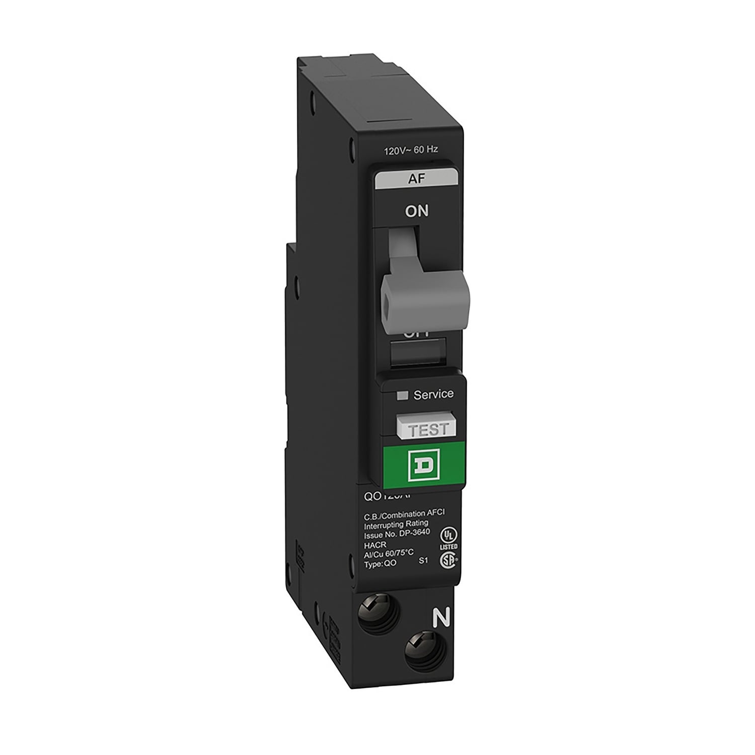 Mini circuit breaker, QO, 15A, 1 pole, 120VAC, 22kA, plug in, combo ARC fault, plug on neutral [TAA]