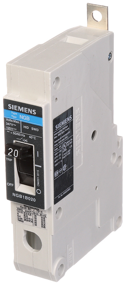 NGB1B020B Type NGB Molded Case Circuit Breaker, 347 V AC, 20 A, 14 kA Interrupt, 1 Poles, Thermal Magnetic Trip