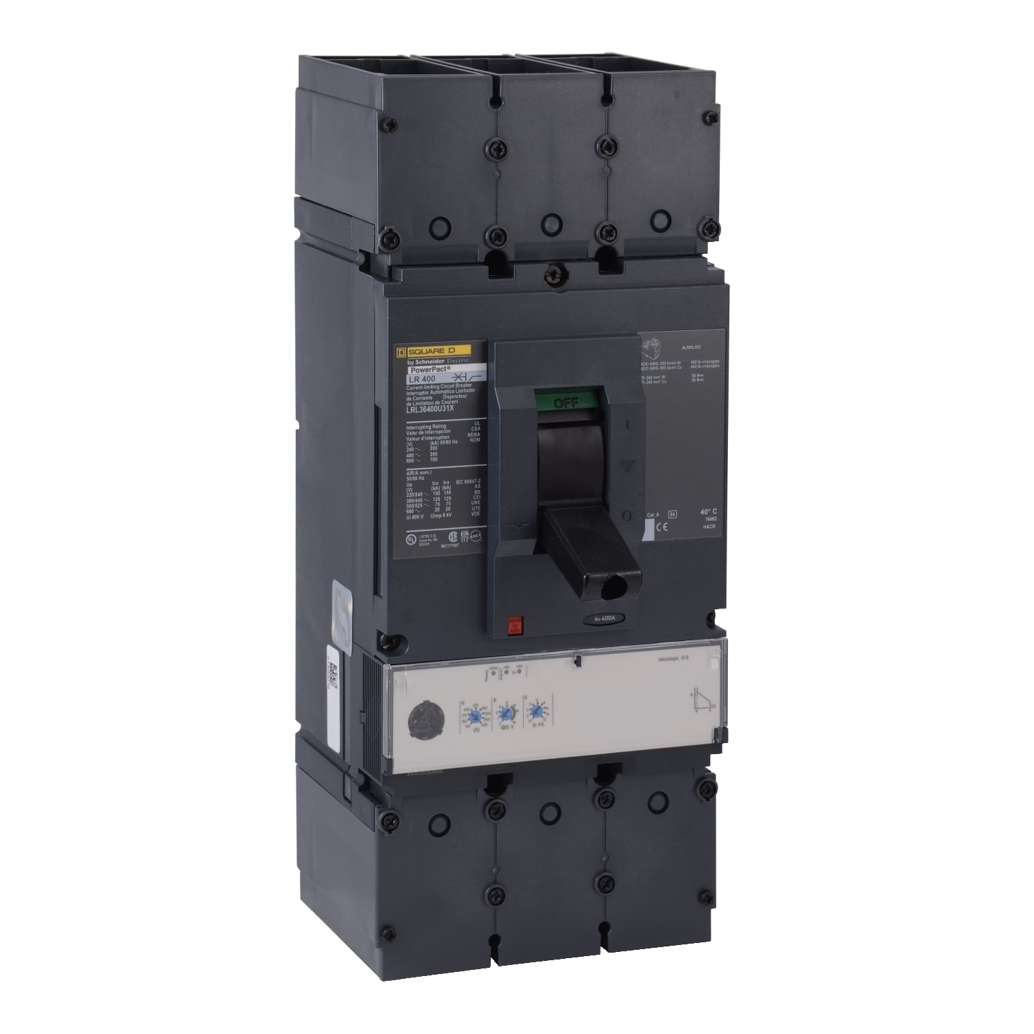 LRL36400CU31X PowerPact Standard Molded Case Circuit Breaker, 600 V AC, 400 A, 200 kA at 240/480 V AC/100 kA at 600 V AC Interrupt, 3 Poles, Electronic Trip