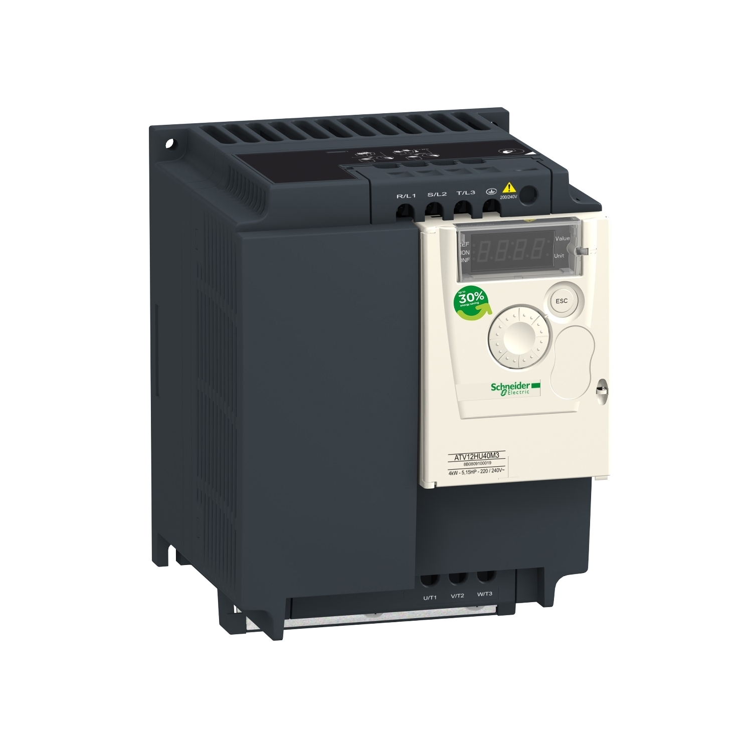 ATV12HU40M3 Altivar 3-Phase AC Variable Speed Drive With Heat Sink, Built-in Fan, 200 to 240/230 V AC, 16.7 A, 5 hp, 5.51 in W x 5.56 in D