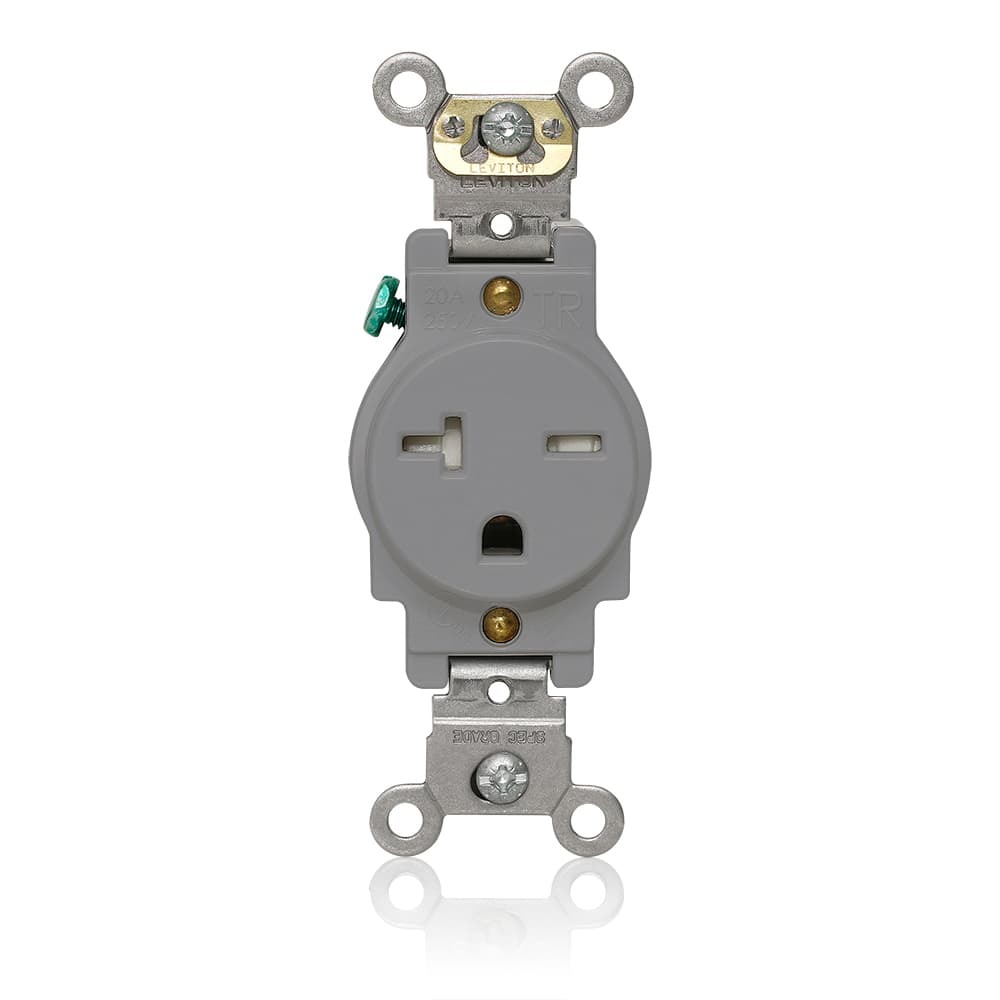T5461-GY T5461 Heavy Duty Self-Grounding Single Smooth Face Standard Straight Blade Receptacle, 250 V AC, 20 A, 2 Poles, 3 Wires, Gray