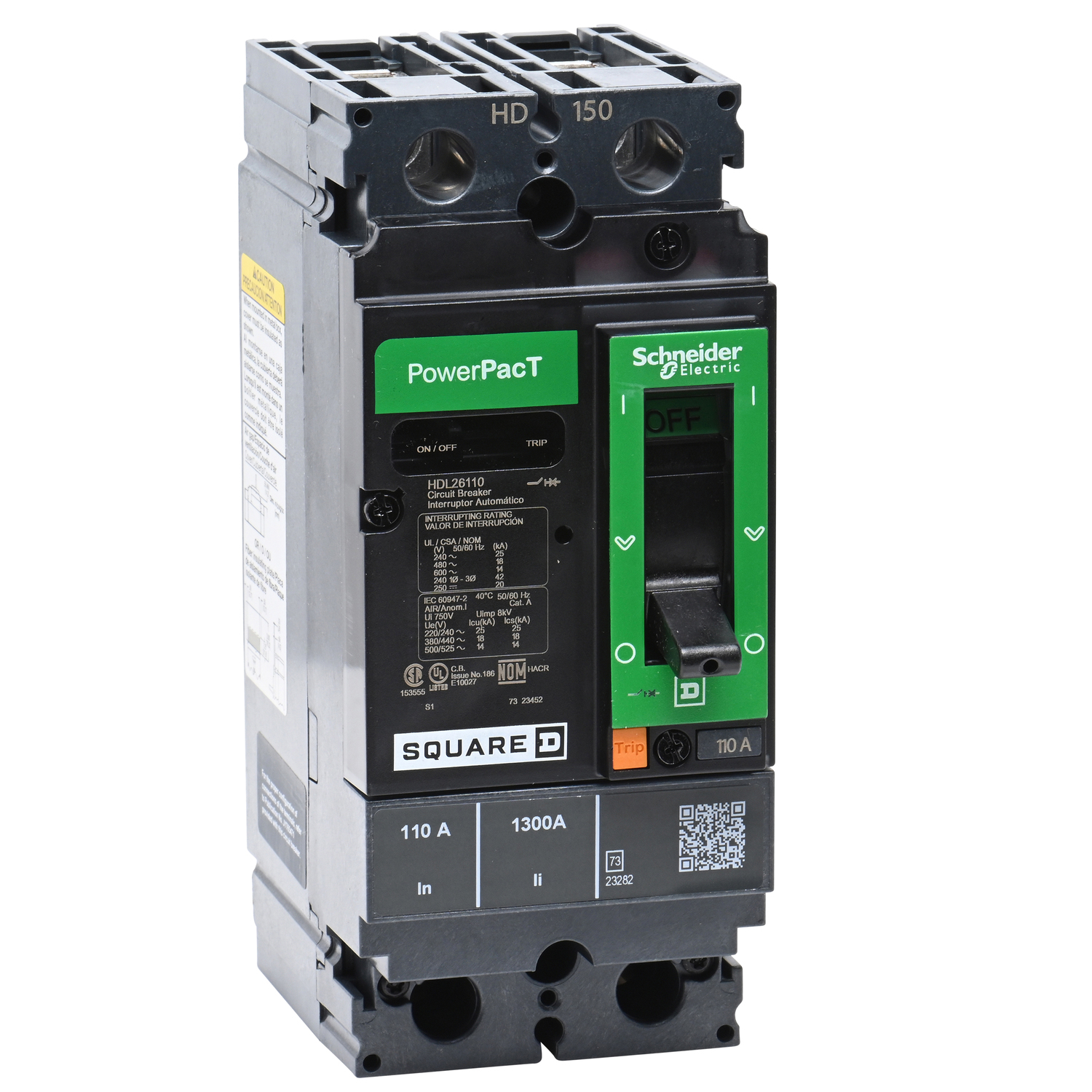 HDL26110 I-Line PowerPact H Type HDL Molded Case Circuit Breaker, 600 V AC/250 V DC, 110 A, 18/14/20/25 kA Interrupt, 2 Poles, Thermal Magnetic Trip