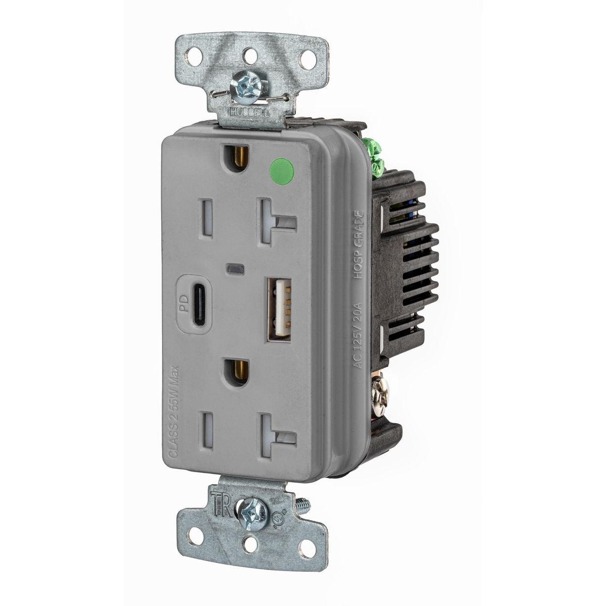 USB8300ACPDGY Hospital Grade USB Charger Tamper Resistant USB, Electrical Ratings: 125 V AC, 20 A, 2 Poles, 3 Wires, Gray