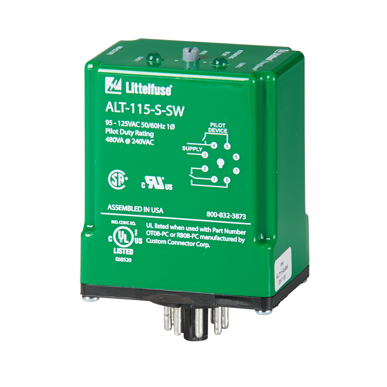 ALT-115-S-SW Symcom Alternating Relay With Manual/Automatic Switch, 40 mA, 8 Pin, 1 Form C SPDT Contact, 95 to 125 VAC V Coil