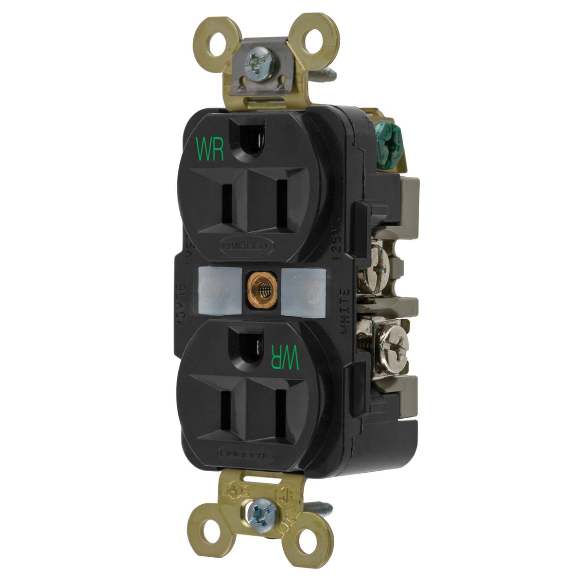 HBL5262BKWR 1-Phase Duplex Extra Heavy Duty Self-Grounding Standard Traditional Weather-Resistant Screw Mount Straight Blade Receptacle, 125 V AC, 15 A, 2 Poles, 3 Wires, Black