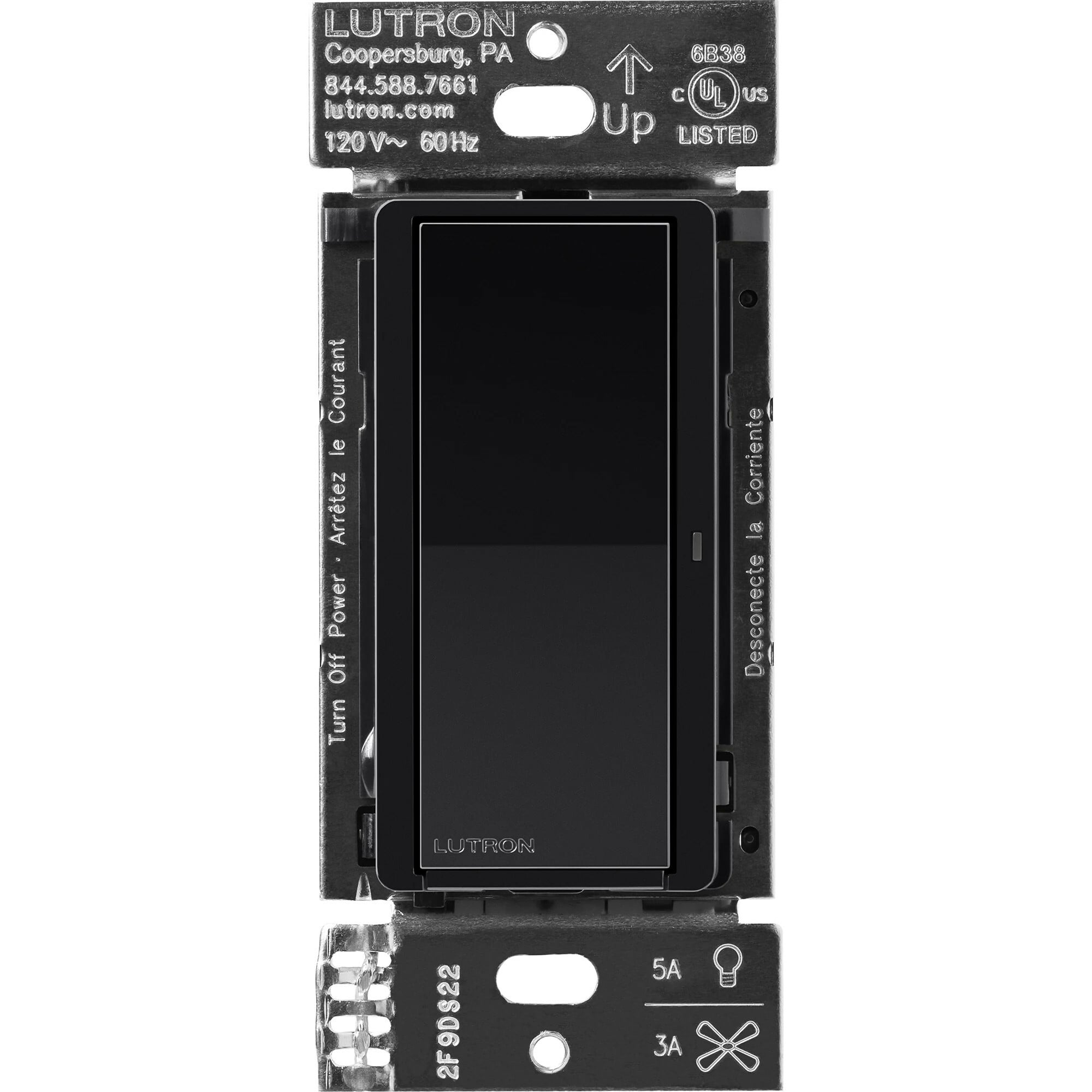 DVRF-5NS-BL Claro Smart Switch for Caseta, 5 Amp LED or 3 Amp Fan, On/Off Paddle Switch, 1 Pole/3-Way, No Neutral Required, 120V, Black