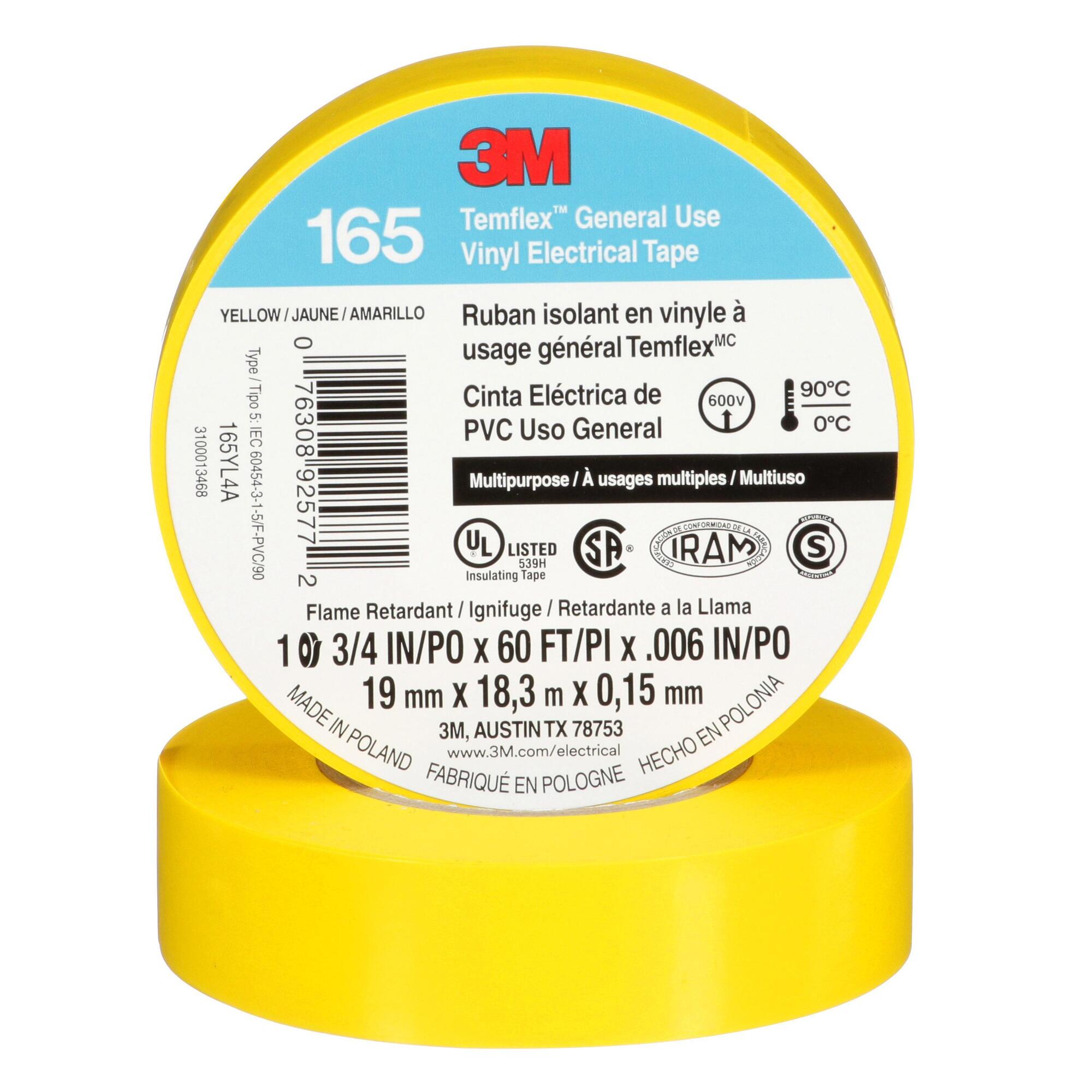7100169490 Temflex 165YL4A Tape, 20 yd L 0.75 in W, 0.6 in THK, Vinyl, Rubber Adhesive, PVC Backing, Yellow