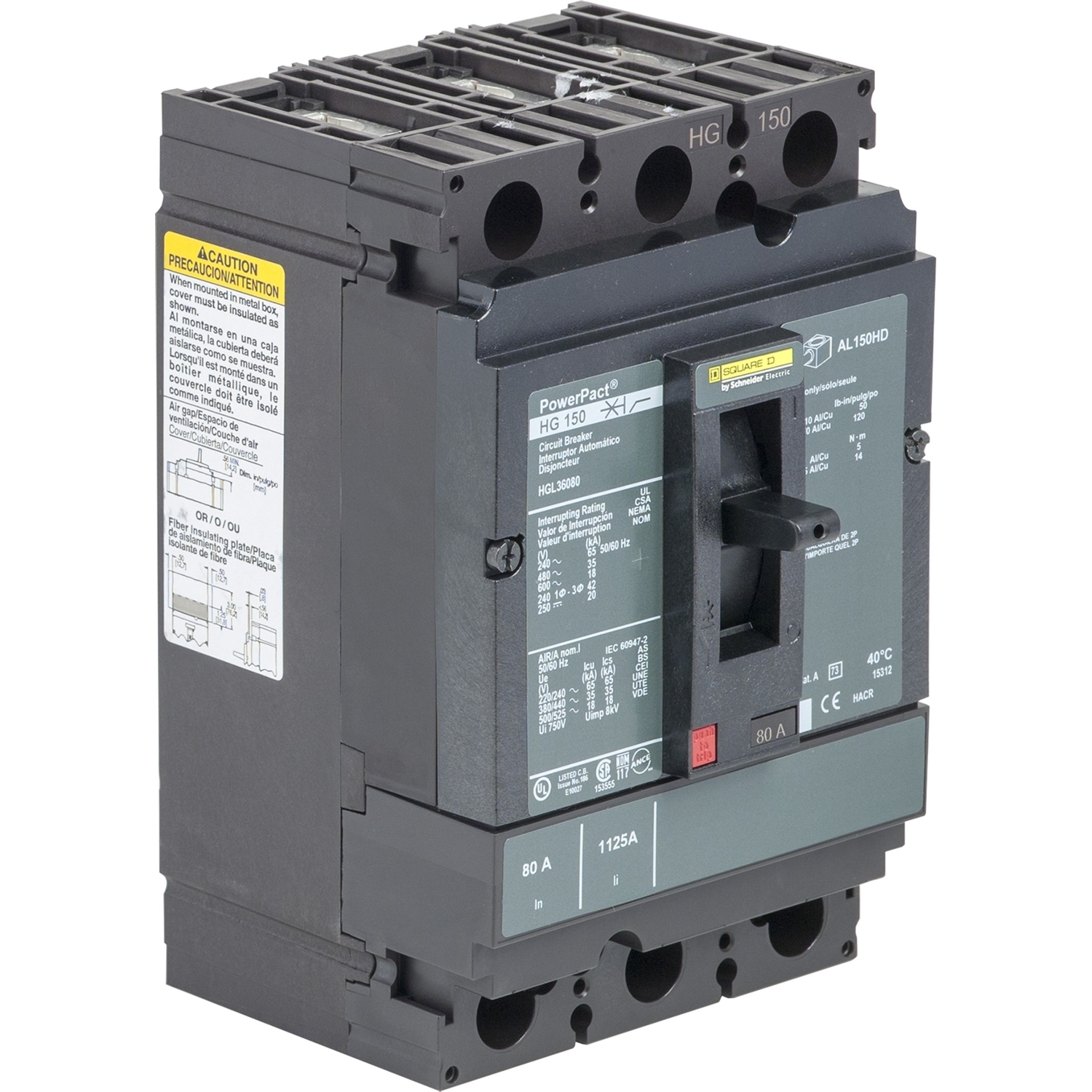 HGL36125C I-Line PowerPact H Type HGL Molded Case Circuit Breaker, 600 VAC, 250 to 500 VDC, 125 A, 18/20/35/65 kA Interrupt, 3 Poles, Thermal Magnetic Trip