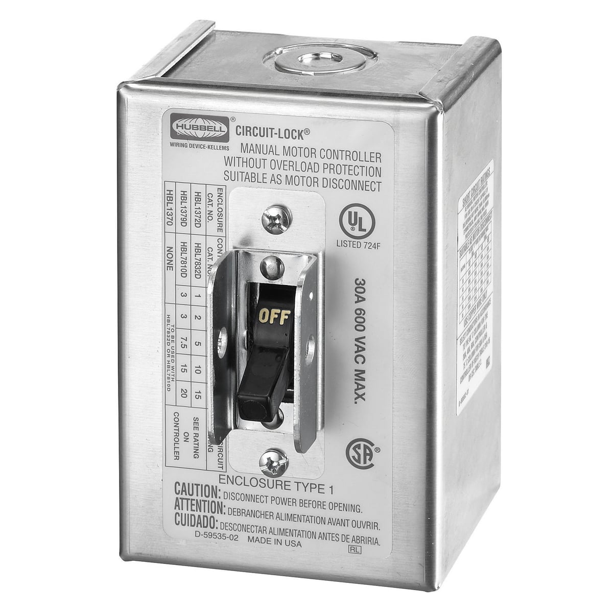 HBL1379 HBL Switched Disconnects and Enclosures, 600 V AC, 30 A, 3, 7.5, 15, 20 HP, 3 Poles