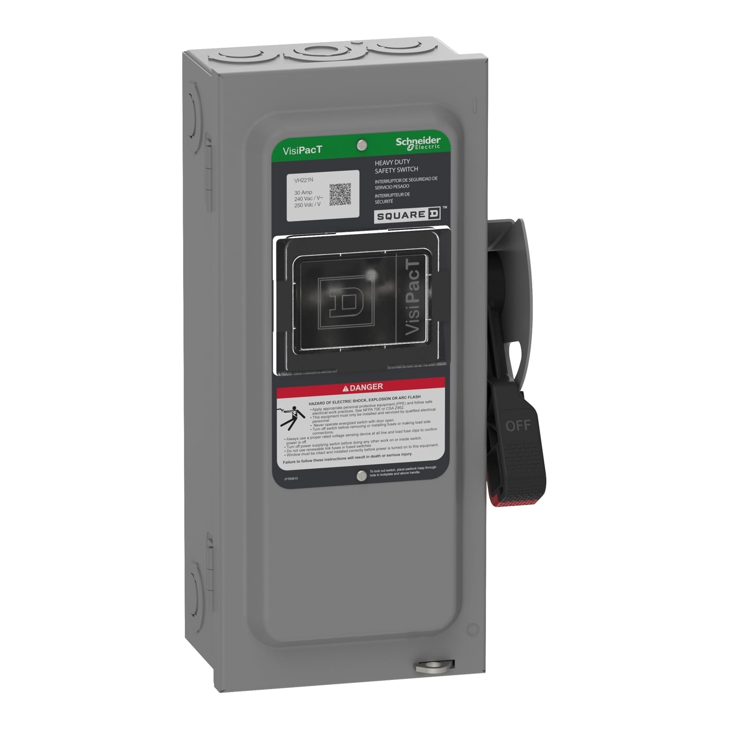 VH221N Heavy Duty Fusible Disconnect Safety Switch, 240 VAC, 250 VDC, 30 A, 1.5, 3, 5, 7.5 hp, 2 Poles